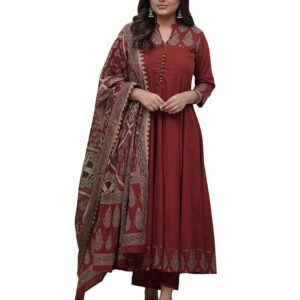 GoSriKi Women's Rayon Viscose Anarkali Printed Kurta with Pant and Dupatta | V-Neck Kurti Set | 3/4 Length Regular Sleeves | Soft Flowing Fabric | Elegant 3 Piece Outfit